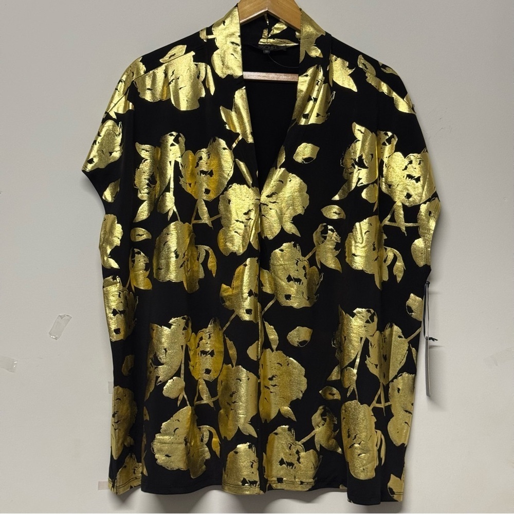 NWT Rachel Rachel Roy Black Gold Rose Print Stretch Blouse 2X